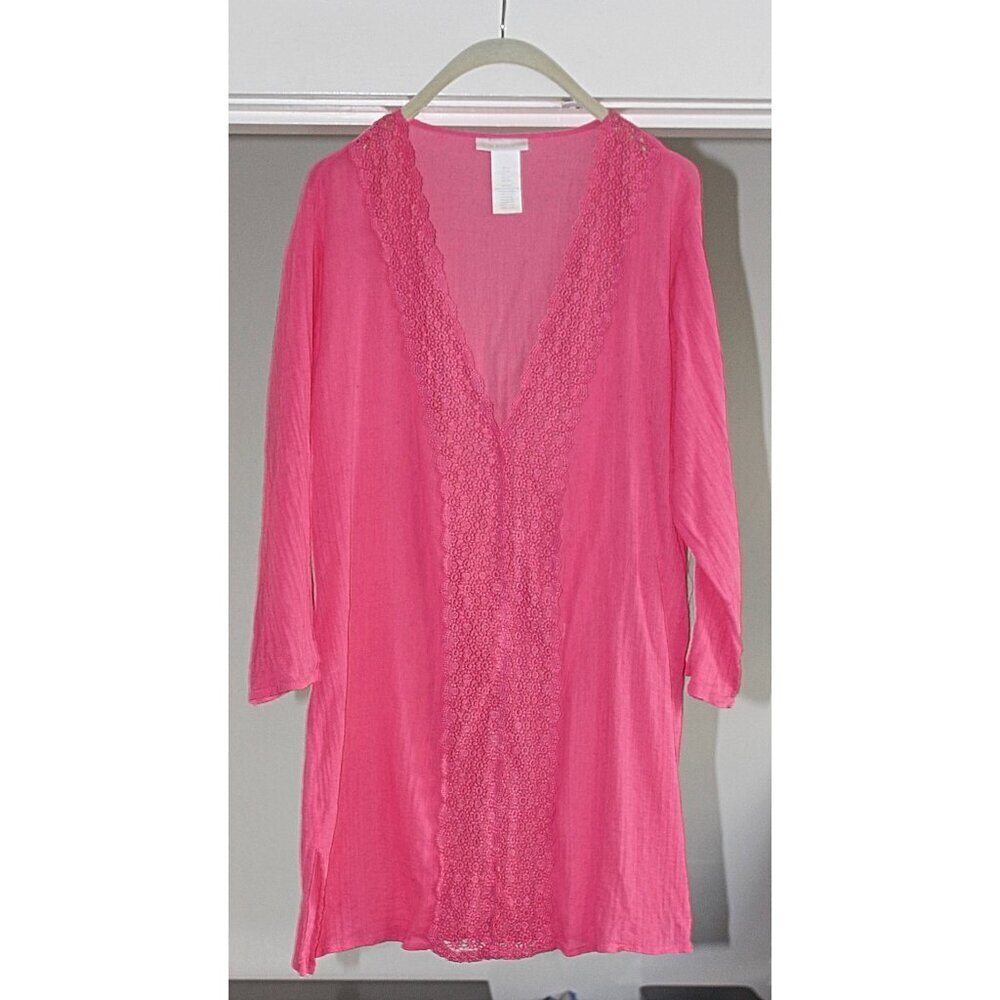 La Blanca - Crinkle Crepe Swim Cover with Embroidery, Barbie Pink, Large.